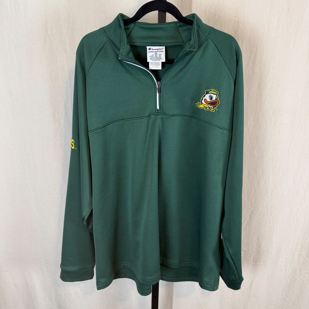 Champion Oregon Ducks Mens 2XL Quarter Zip Pullover Green Fleece Jacket NCAA